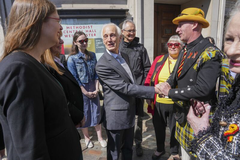 Chairman of the infected blood inquiry Sir Brian Langstaff met victims and campaigners outside Central Hall in Westminster, London, after the publication of the inquiry report
