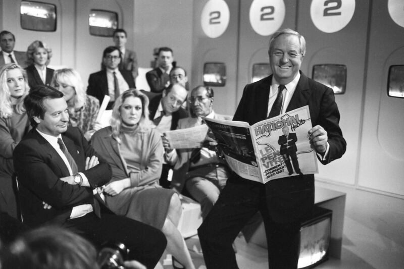 Jean Marie Le Pen and his daughters Marine Le Pen, Yann Le Pen and Marie-Caroline Le Pen, in a studio for the filming of L’Heure de Verite in 1985 (Herve Merliac/AP)