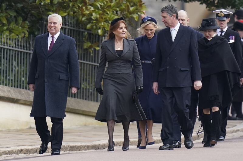 The Duke of York, Sarah, Duchess of York, Zara Tindall, Vice Admiral Sir Timothy Laurence, Mike Tindall and the Princess Royal attend the thanksgiving service at St George’s Chapel, Windsor Castle