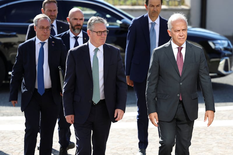 British Prime Minister Keir Starmer and Italian Minister of the Interior Matteo Piantedosi arrive to visit the National Coordination Centre in Rome, Italy