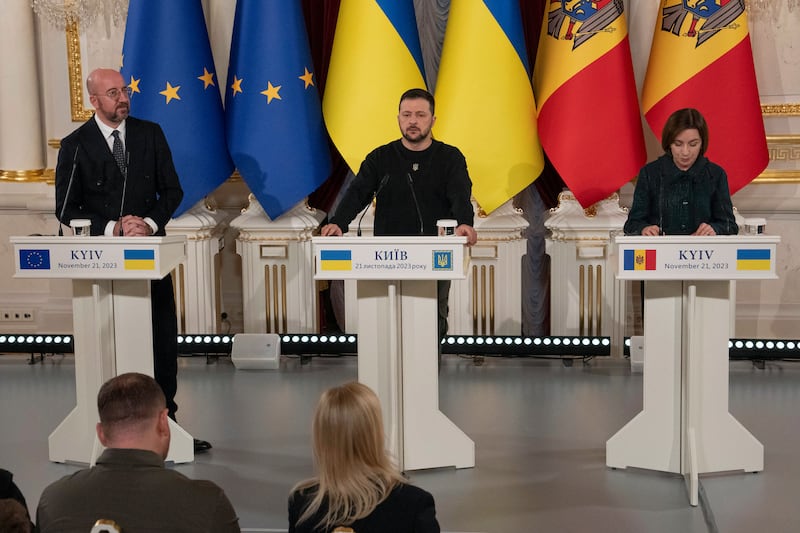 President of Moldova Maia Sandu, right, speaks during a joint press conference with European Council President Charles Michel, left, and Ukrainian President Volodymyr Zelensky in Kyiv in November 2023 (Efrem Lukatsky/AP)