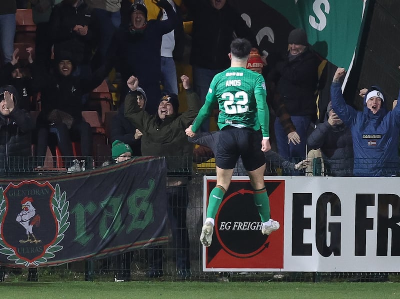 Glentoran's Daniel Amos   celebrates his goal        In Today’s game at Solitude Cliftonville v Glentoran    in the Sports Direct premiership 

Desmond Loughery Pacemaker press