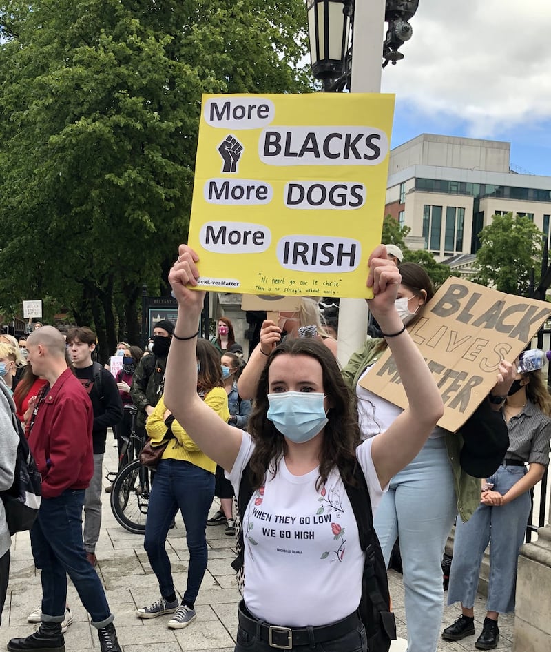 &nbsp;People participate in a Black Lives Matter protest rally march through Donegall Square in Belfast, in memory of George Floyd who was killed on May 25 while in police custody in the US city of Minneapolis.