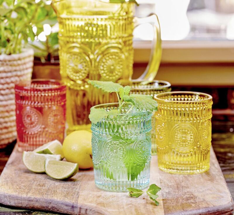 Ella James Set of 4 Embossed Tumblers, Embossed Glass Drinks Pitcher, Yellow, Ella James 