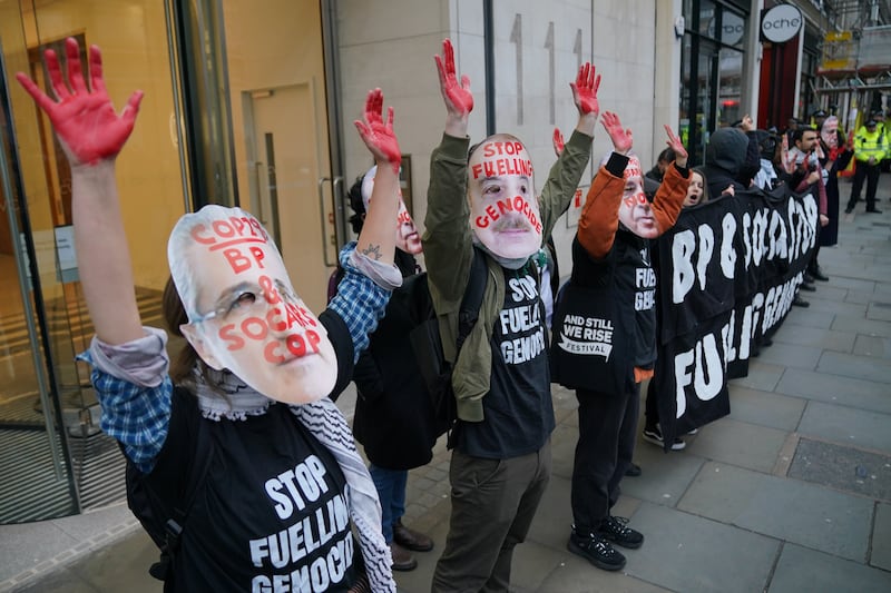 Protesters stopped outside the office of Socar, the Azerbaijan-owned oil company, on the Strand