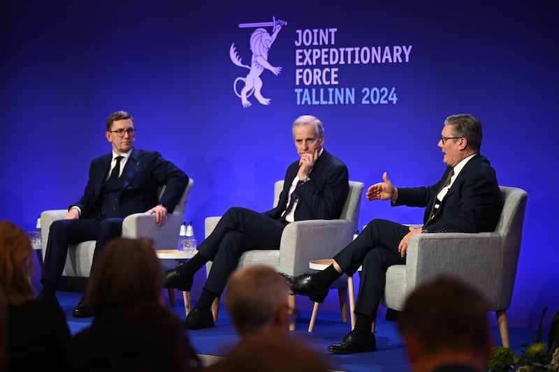 Prime Minister of Estonia Kristen Michal, Norwegian Prime Minister Jonas Gahr Store, and Sir Keir Starmer take part in the JEF Leaders’ Summit in Tallinn, Estonia