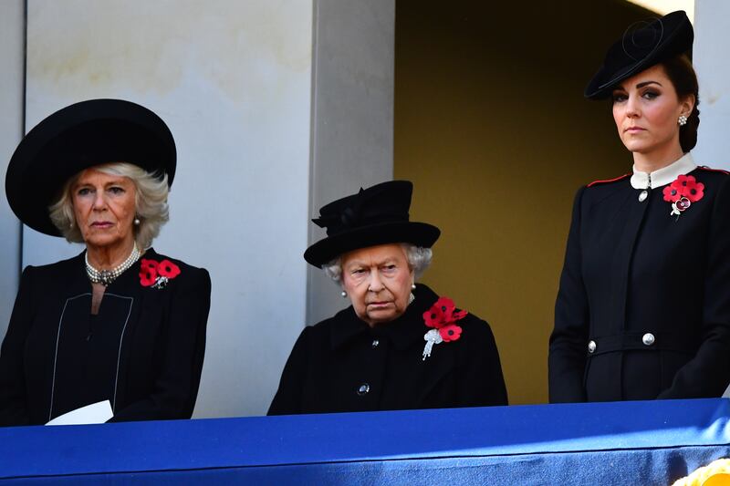 The then-Duchess of Cornwall, Queen Elizabeth II and the then-Duchess of Cambridge during the Remembrance service at the Cenotaph in 2018