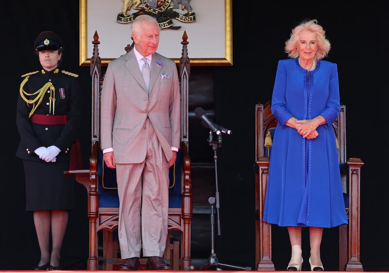 The Queen with a bandage on her ankle during the special sitting of the States of Deliberation at the Guernsey Parliament in July