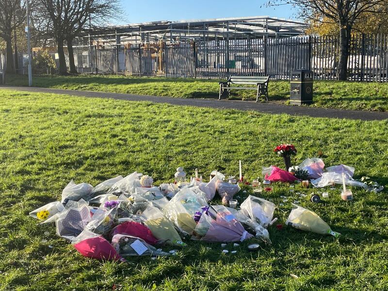Floral tributes left at Stowlawn playing fields
