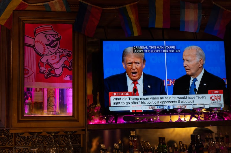 President Joe Biden, right, and Republican presidential candidate former president Donald Trump, seen on a television during the debate (Carolyn Kaster/AP)