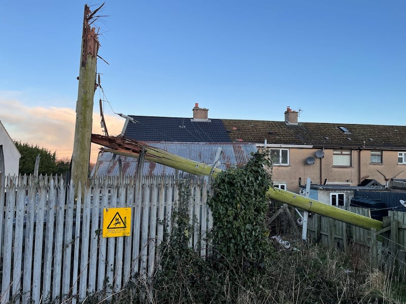 A broken telegraph pole in Culcavy in Co Down after Storm Eowyn