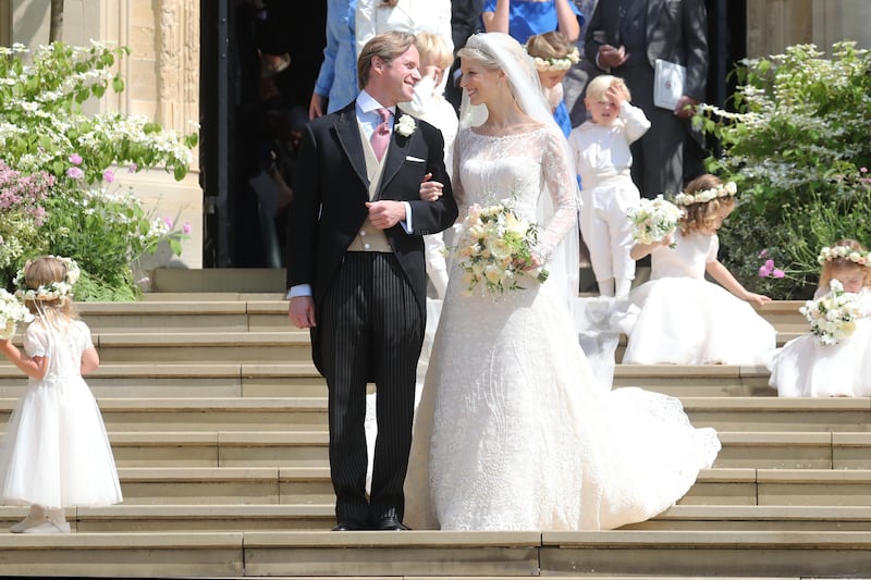 Thomas Kingston and Lady Gabriella Windsor smile after their wedding in Windsor