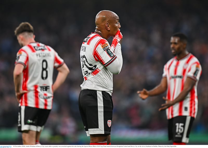 Andre Wisdom of Derry City reacts after a penalty was awarded against his side during the Sports Direct Men's FAI Cup Final