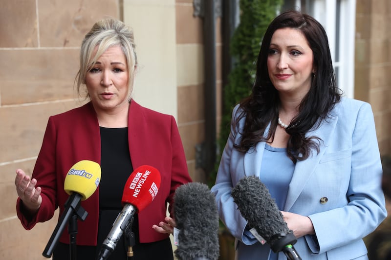 First Minister Michelle O’Neill, left, and deputy First Minister Emma Little-Pengelly speaking to the media at Hillsborough Castle on Thursday