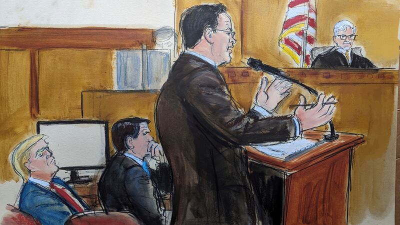 Courtroom sketch of assistant district attorney Joshua Steingless delivering the prosecution’s closing arguments (Elizabeth Williams via AP)