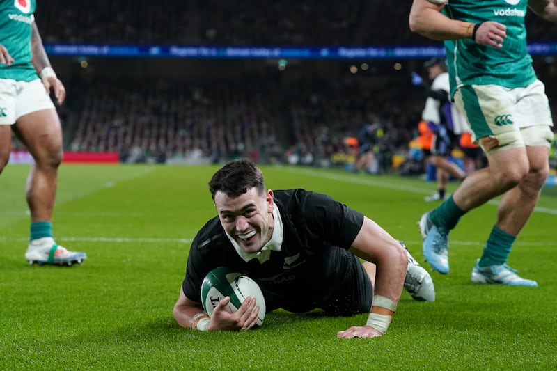 Will Jordan scores New Zealand’s clinching try at the Aviva Stadium