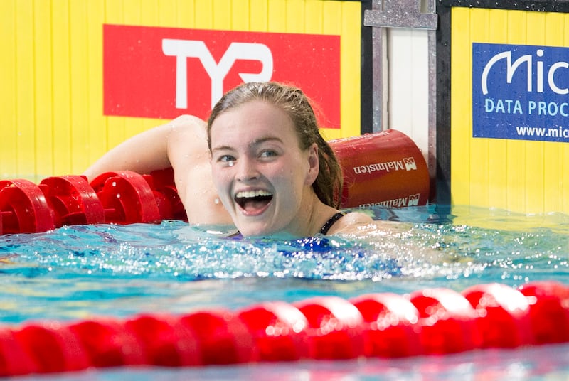 Ireland's Mona McSharry reacts after competing in the Women's 100m Breastroke semi-final during day three of the European Short Course Swimming Championships at Tollcross International Swimming Centre, Glasgow.