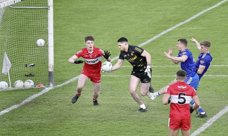 Derry Odhran Lynch contains a goal effort by Ryan Wylie of Monaghan during the Ulster Senior Football Championship semi final played at Healy Park, Omagh on Saturday 29th April 2023. Picture Margaret McLaughlin. 