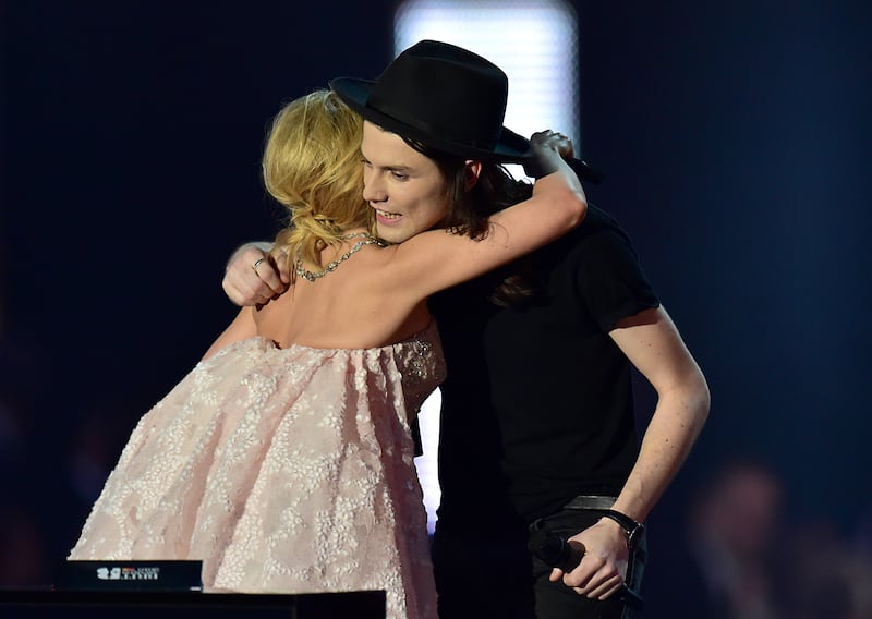 James Bay and Kylie Minogue on stage during the 2016 Brit Awards