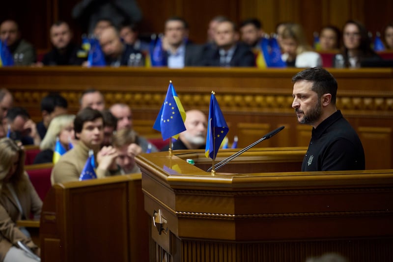 Volodymyr Zelensky speaks to parliamentarians in Kyiv (Press Service Of The President Of Ukraine/AP)