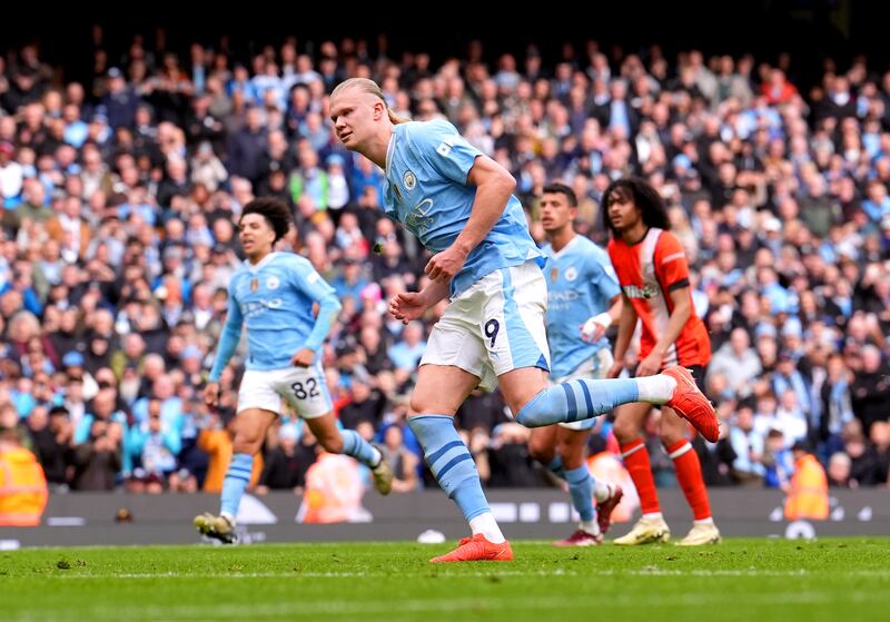 Haaland celebrates his goal against Luton