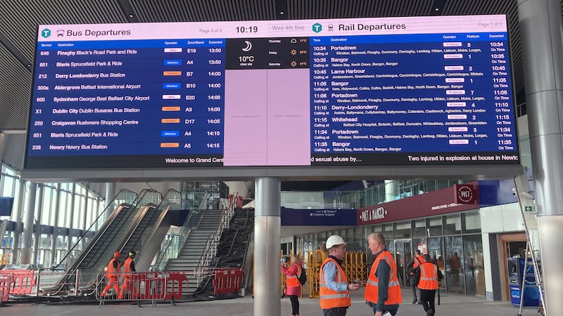 The bus and rail departures board at the new Belfast Grand Central Station