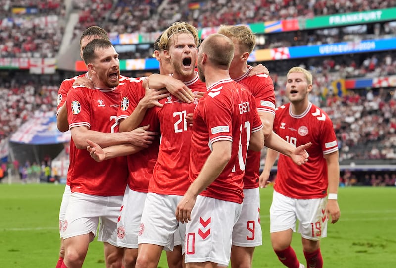 Denmark’s Morten Hjulmand celebrates his equaliser .