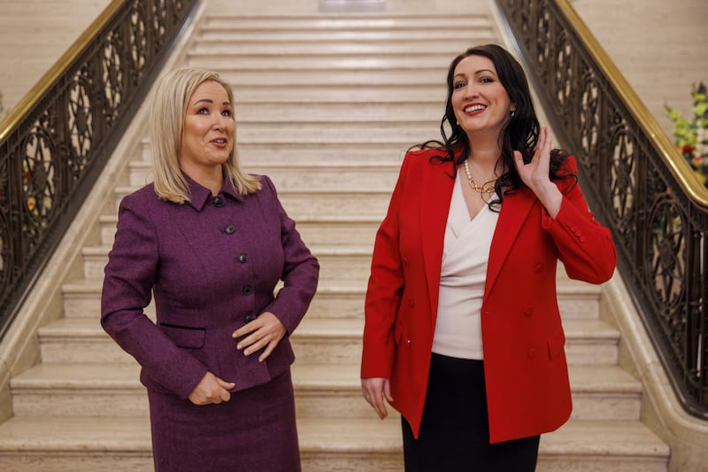 First Minister Michelle O’Neill (left) and deputy First Minister Emma Little-Pengelly reflecting on one-year anniversary of the return of the institutions at Stormont