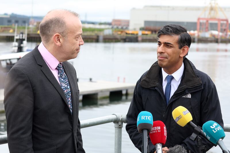 British Prime Minister Rishi Sunak in Belfast with outgoing NI Secretary of State Chris Heaton-Harris on the latest leg of his election campaign tour in Belfast. PICTURE: MAL MCCANN