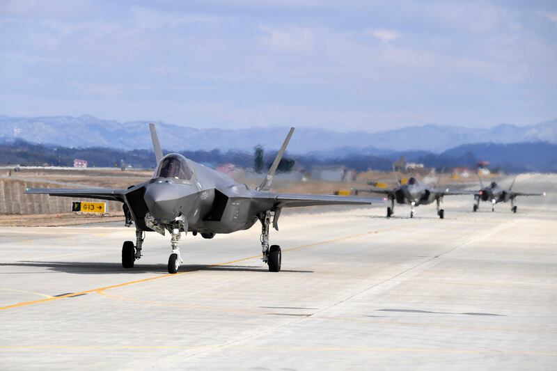 South Korean Air Force F-35A fighter jets prepare to take off from a South Korean Air Force base in Cheongju, South Korea (South Korea Defence Ministry via AP)