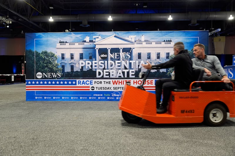 Signage at the media filing centre ahead of the presidential debate between Republican Donald Trump and Democrat Kamala Harris in Philadelphia (Pablo Martinez Monsivais/AP)