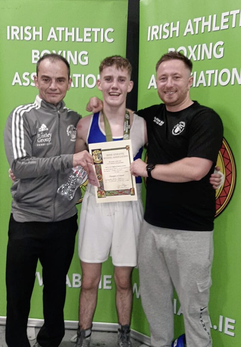 Flyweight Jack Harkin, from the Oakleaf club in Derry, recently took the Irish youth title in Dublin to put himself in the selection frame for the World Championships in Alicante in November. It was Harkin&#39;s third tough contest at the championships, having previously overcome Olympic, Mullingar&#39;s Carson Hanlon and Adam McKenna (Holy Family, Drogheda) before defeating Avona&rsquo;s reigning U18 champion Aston Ruth in the decider. Harkin, who is pictured with coaches Eugene O&rsquo;Kane jr and Raymond Rogan, joins club-mate Adam McIvor as Irish champion so far in 2022 and hopes to follow in the footsteps of former Oakleaf stars like Brett McGinty. The club celebrates its 30th anniversary later this year, continuing to go from strength to strength, with work due to begin shortly on new clubrooms 