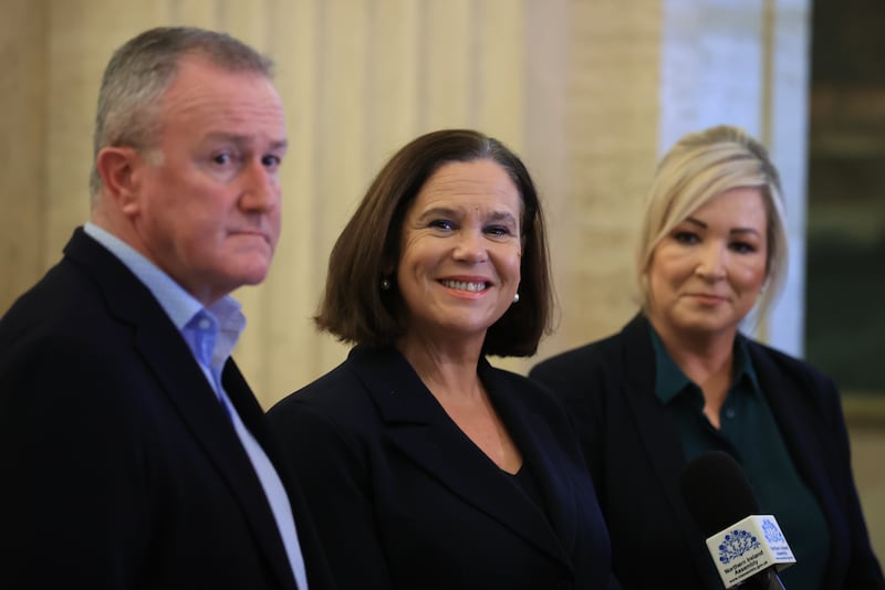 Conor Murphy alongside Sinn Fein president Mary Lou McDonald and vice-president and Stormont First Minister Michelle O’Neill