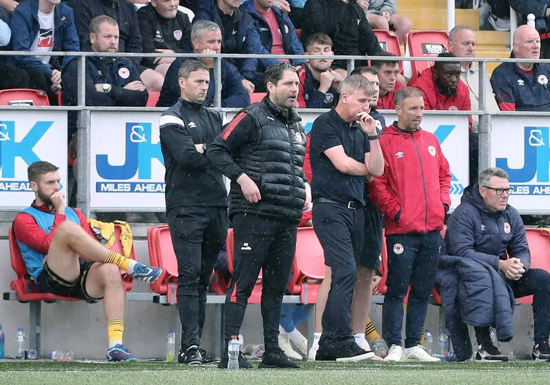 Derry City manager Ruaidhri Higgins alongside Stephen Kenny manager of St Patrick's Athletic after City go 2-0 up during the FAI Cup match at the Brandywell on Sunday. Picture Margaret McLaughlin  21-7-2024