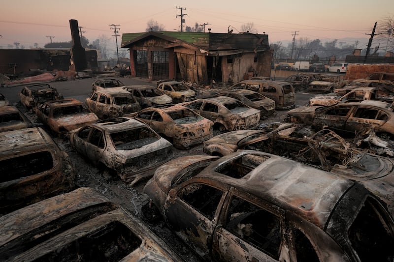 Burned cars inside a dealership in the aftermath of the Eaton Fire in Altadena, California (Jae C Hong/AP)