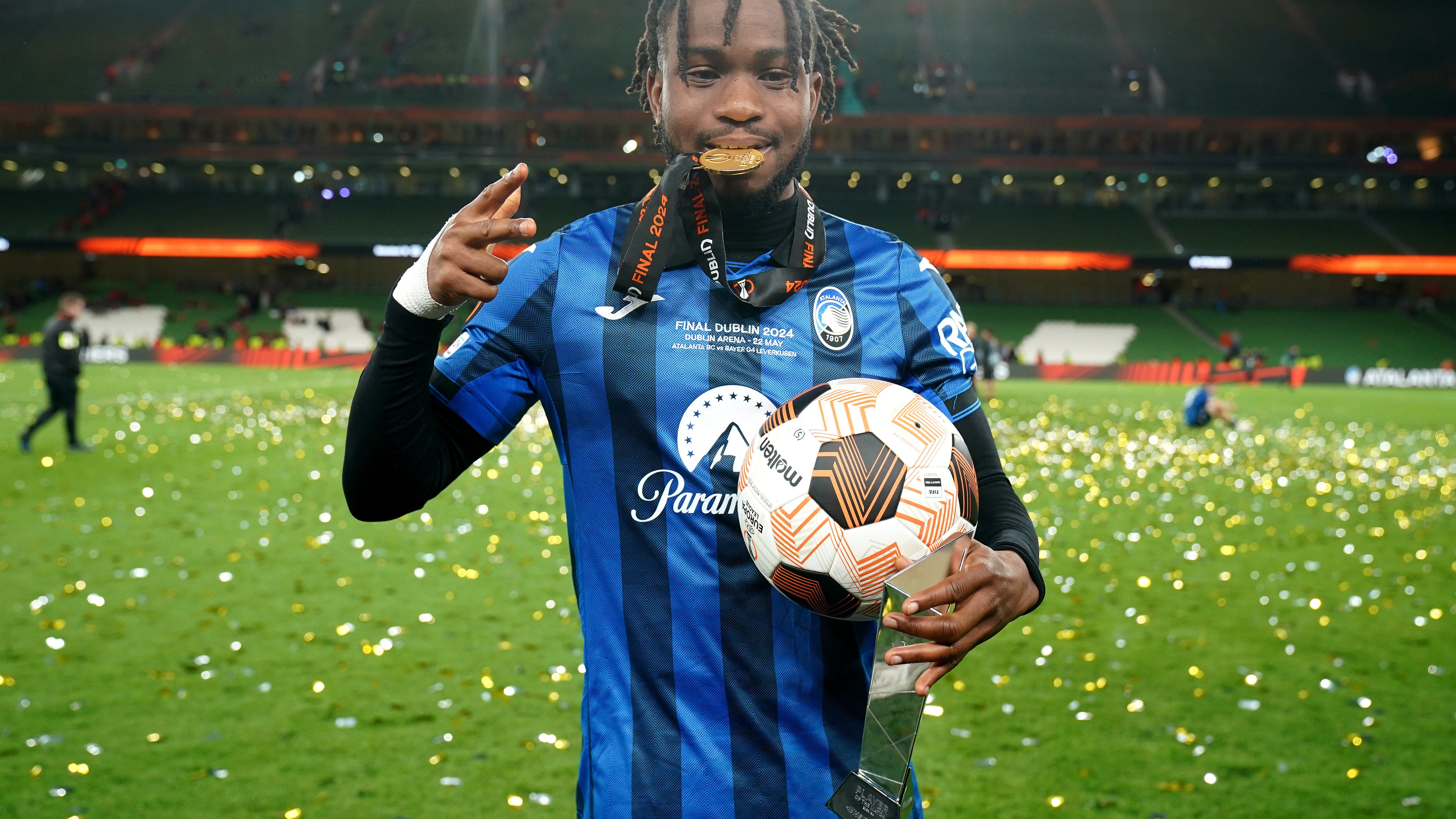 Atalanta’s Ademola Lookman celebrates with the match ball after scoring a hat-trick in the Europa League final