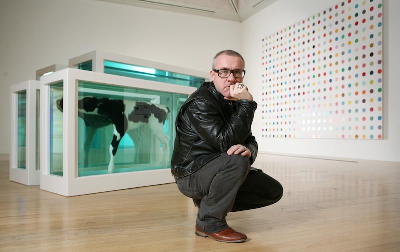 Damien Hirst with Mother and Child Divided 2007 in the exhibition Turner Prize: A Retrospective at Tate Britain