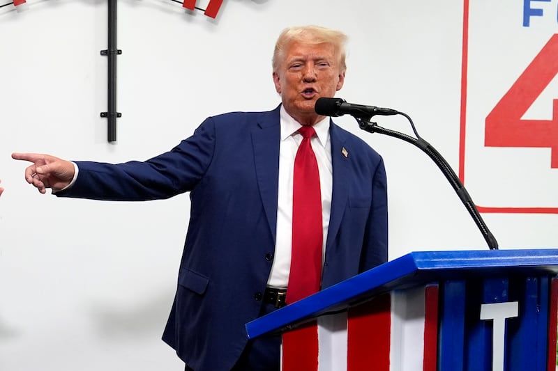 Republican presidential nominee former president Donald Trump speaks during a stop at a campaign office in Roseville, Michigan (Carolyn Kaster/AP)