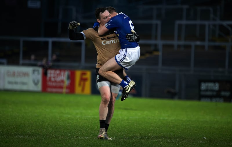 Scotstown match-winner Rory Beggan is congratulated by Donal Morgan after Sunday's Ulster Club SFC victory over Kilcoo. Beggan's father Ben was part of the last Scotstown team to win the Ulster club title in 1989     Picture by Seamus Loughran