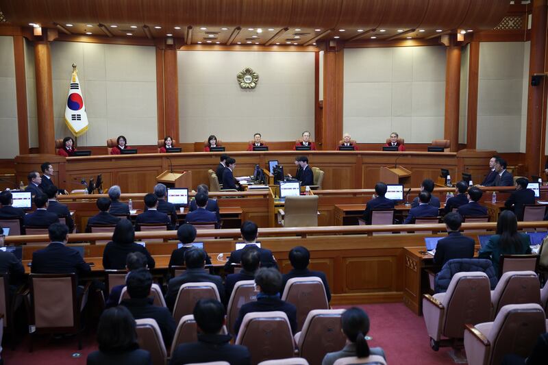 The Constitutional Court has until June to determine whether to formally dismiss Mr Yoon as president (Kim Hong-Ji/Pool Photo via AP)