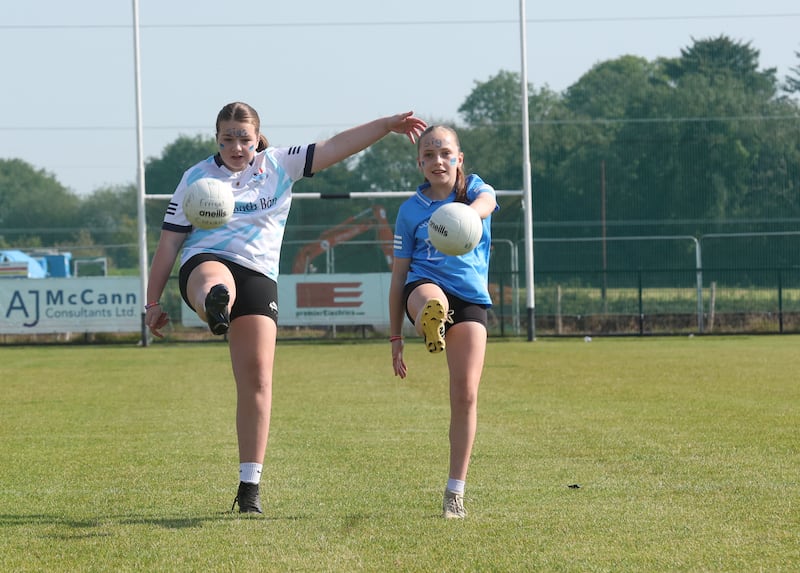 Tori Crawford and Megan Skeffington who have recently completed a journey around the country to raise awareness around autism acceptance within the GAA, and funds for Autism NI and AsIAm.ie by kicking a point in all 32 county GAA grounds.
PICTURE COLM LENAGHAN