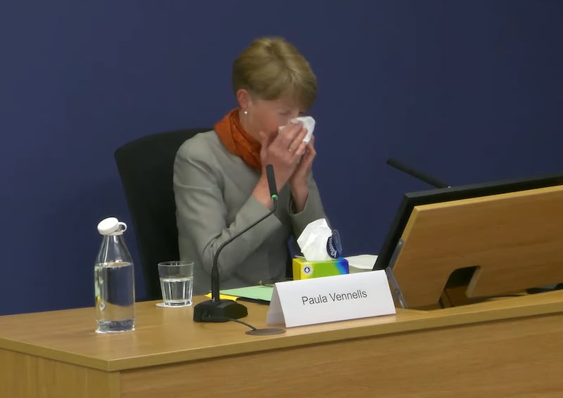 Screen grab taken from the Post Office Horizon IT Inquiry of former Post Office boss Paula Vennells becoming tearful while giving evidence