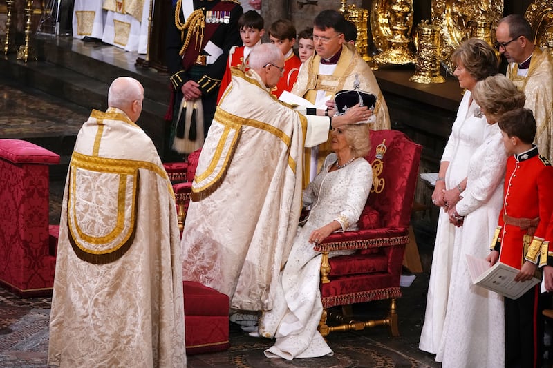 Camilla being crowned with Queen Mary’s Crown by the Archbishop of Canterbury in the abbey in May 2023