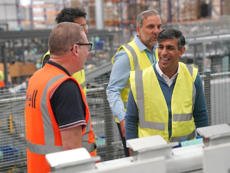 Prime Minister Rishi Sunak on a campaign visit to a pharmaceutical packing and distribution centre in Stoke-on-Trent