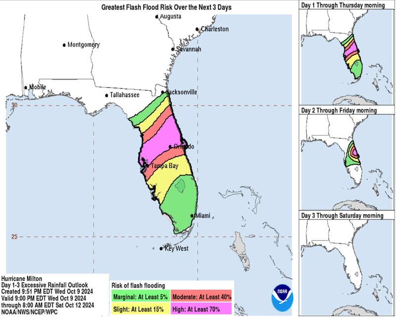 Map showing areas with flash flood risk in Florida over the coming days (National Hurricane Center)