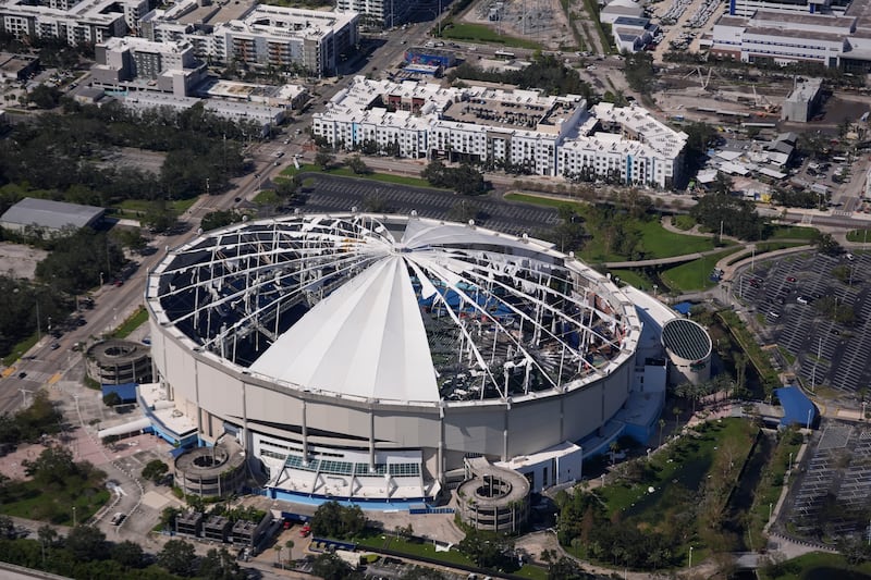 Hurricane Milton destroyed the roof of the Tropicana Dome, the home of the Tampa Bay Rays baseball team (Gerald Herbert/AP)