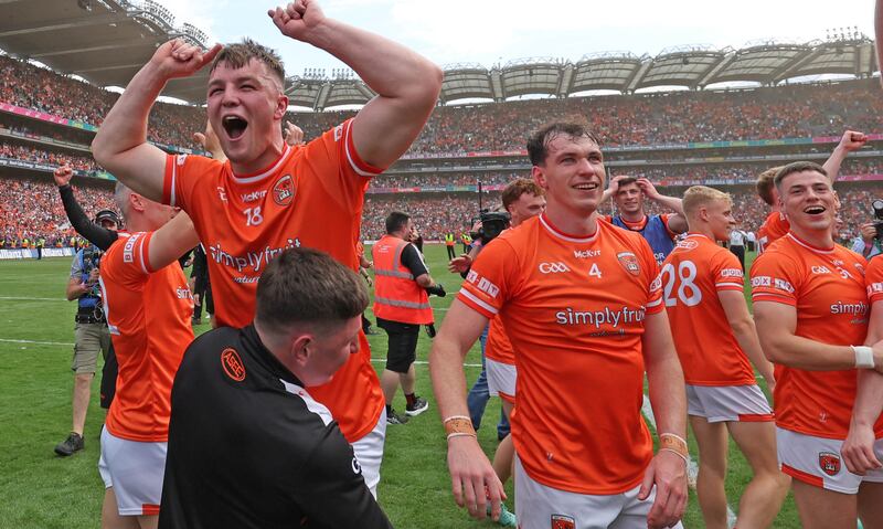 Armagh celebrate   during Sunday’s All-Ireland SFC Final at Croke Park in Dublin. 
PICTURE COLM LENAGHAN