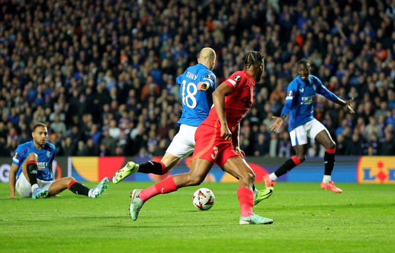 Vaclav Cerny, centre, scores his second and Rangers’ third goal against FCSB