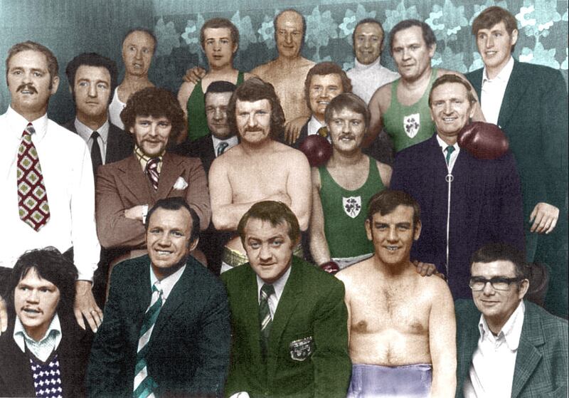 Jim Jordan (back row, second from right in green vest) takes pride of place in a star-studded picture that includes some of the best boxers Ireland has ever produced