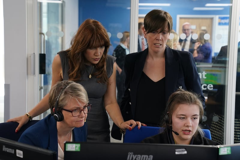 Home Secretary Yvette Cooper, safeguarding minister Jess Phillips and counsellor and campaigner Nour Norris meet 999 control handlers during a visit to Kent Police’s Coldharbour Police Complex in Aylesford